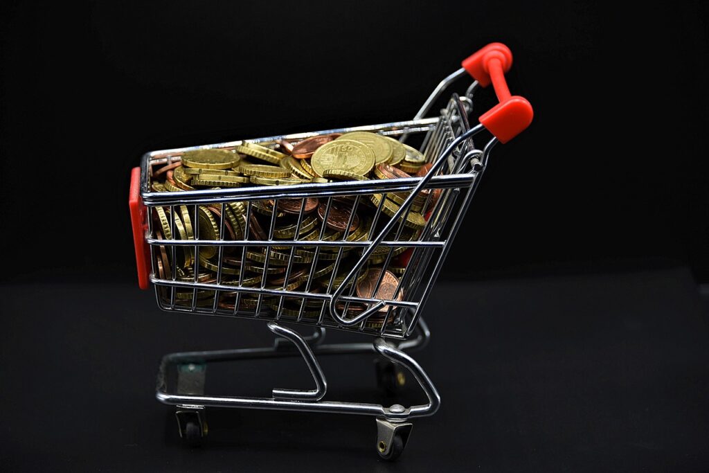 shopping cart, coins, money